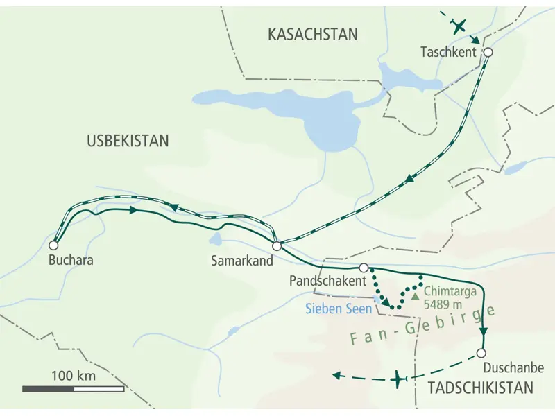 Karte der Trekkingreise in Usbekistan und Tadschikistan: von Taschkent über Buchara, Samarkand ins Fan-Gebirge nach Duschanbe.