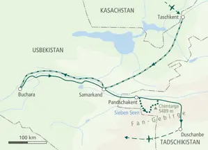Karte der Trekkingreise in Usbekistan und Tadschikistan: von Taschkent über Buchara, Samarkand ins Fan-Gebirge nach Duschanbe.