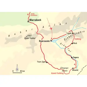 Karte der Trekkingreise in Marokkos Süden: Route von Ouarzazate durch das Saghro-Gebirge und die Sahara nach Marrakech.