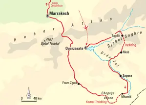 Karte der Trekkingreise in Marokkos Süden: Route von Ouarzazate durch das Saghro-Gebirge und die Sahara nach Marrakech.