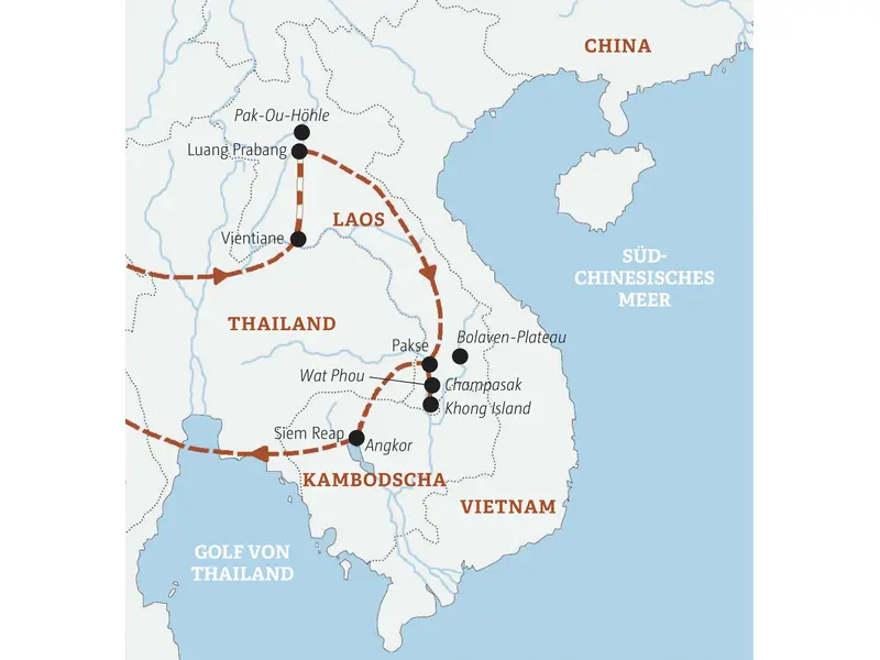 Karte unserer Kleingruppenreise in Laos und Kambodscha. Route von Vientiane über Luang Prabang und Pakse bis nach Siem Reap (Angkor).