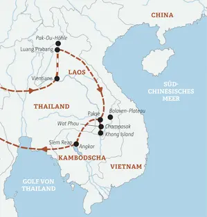 Karte unserer Kleingruppenreise in Laos und Kambodscha. Route von Vientiane über Luang Prabang und Pakse bis nach Siem Reap (Angkor).