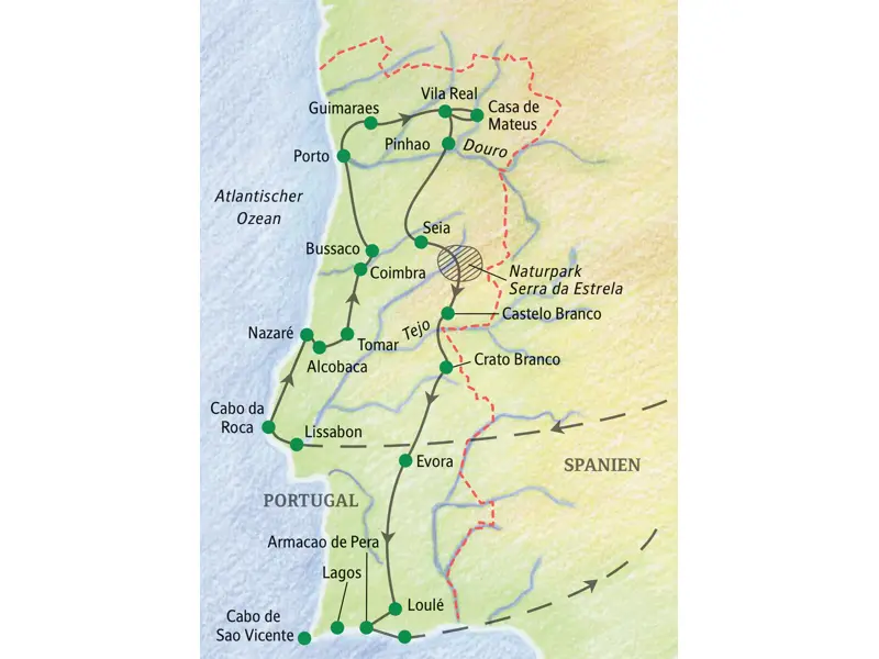 Reiseroute der Studiosus Wanderreise durch Portugal: von Lissabon über Porto, Coimbra und Evora bis zur Algarveküste.