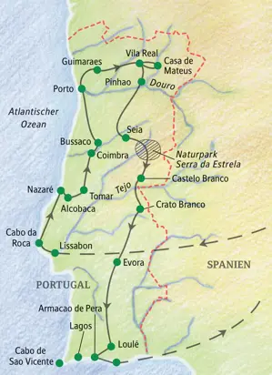 Reiseroute der Studiosus Wanderreise durch Portugal: von Lissabon über Porto, Coimbra und Evora bis zur Algarveküste.