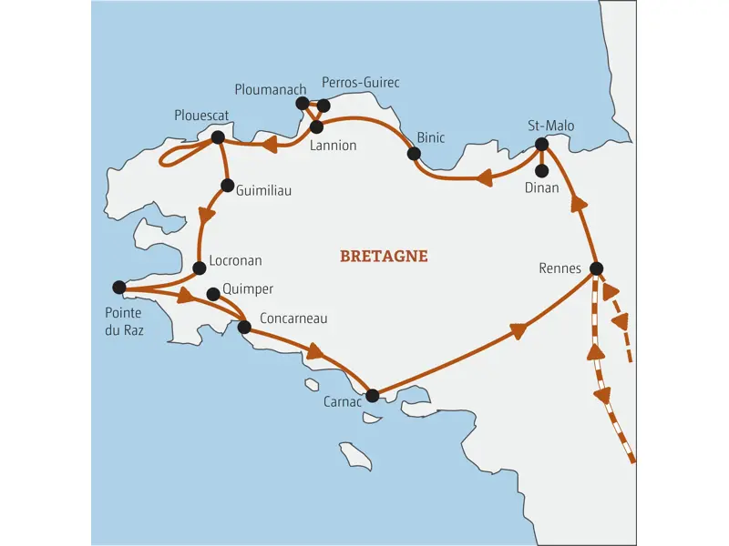 Reiseroute der Marco Polo Entdeckertour in der Bretagne: von Rennes über St-Malo, Pointe du Raz, Concarneau und Carnac zurück.