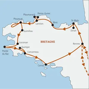 Reiseroute der Marco Polo Entdeckertour in der Bretagne: von Rennes über St-Malo, Pointe du Raz, Concarneau und Carnac zurück.