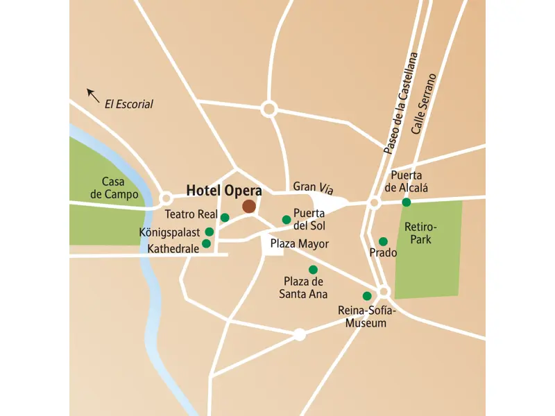 Karte für die Studiosus Studienreise Madrid: Zentrale Lage des Hotel Opera nahe Prado, Königspalast, Retiro-Park und Plaza Mayor.