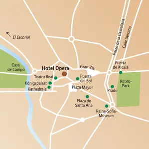 Karte für die Studiosus Studienreise Madrid: Zentrale Lage des Hotel Opera nahe Prado, Königspalast, Retiro-Park und Plaza Mayor.