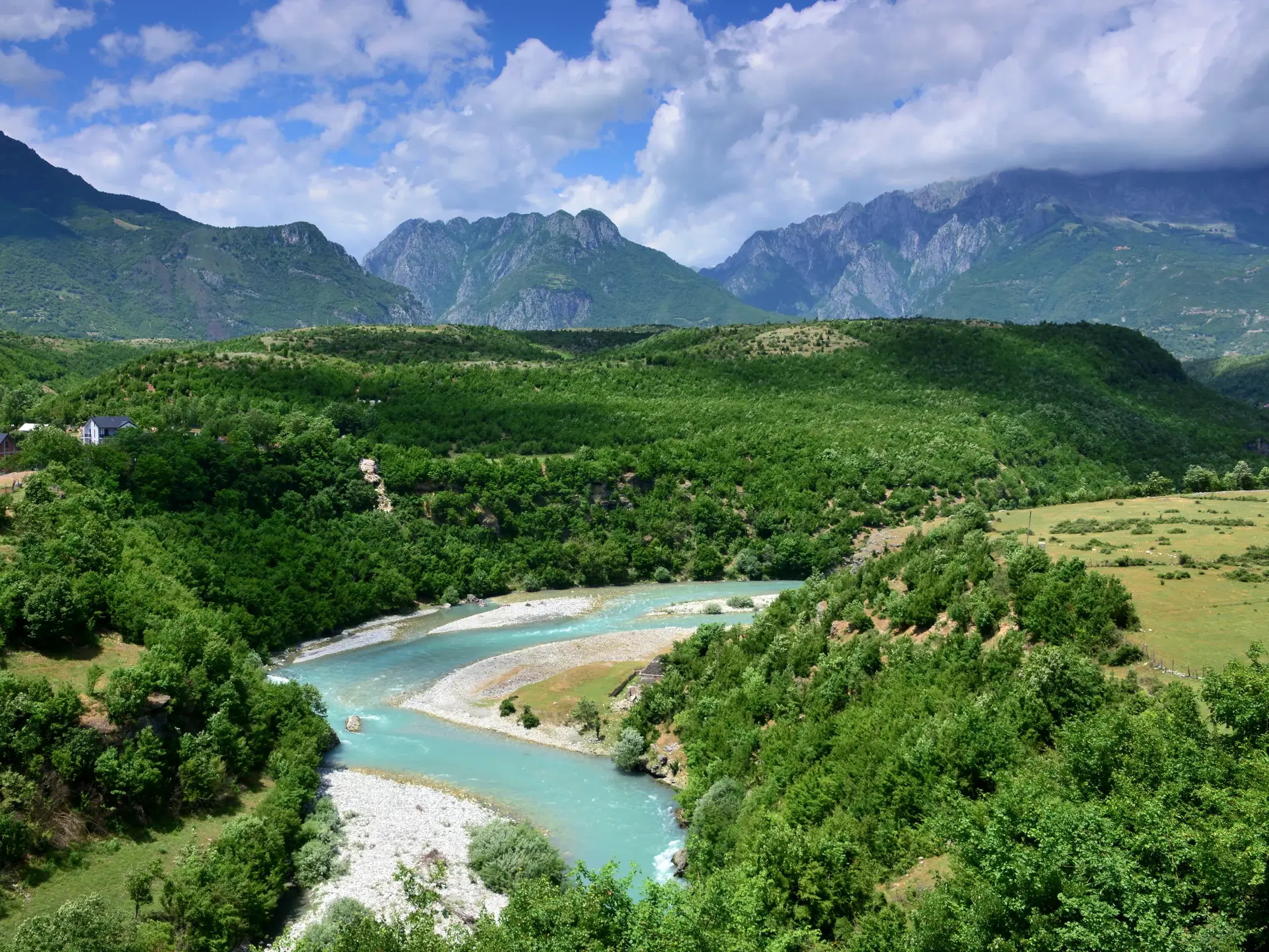Panoramablick auf den türkisen Fluss im grünen Tal des Vjosa-Nationalparks in Albanien unter blauem Himmel.