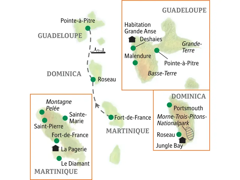 Karte der Karibik-Studienreise: Die Route führt von Martinique über Roseau auf Dominica bis nach Deshaies auf Guadeloupe.