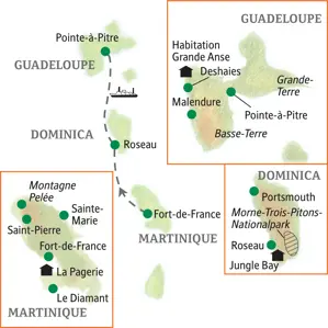 Karte der Karibik-Studienreise: Die Route führt von Martinique über Roseau auf Dominica bis nach Deshaies auf Guadeloupe.