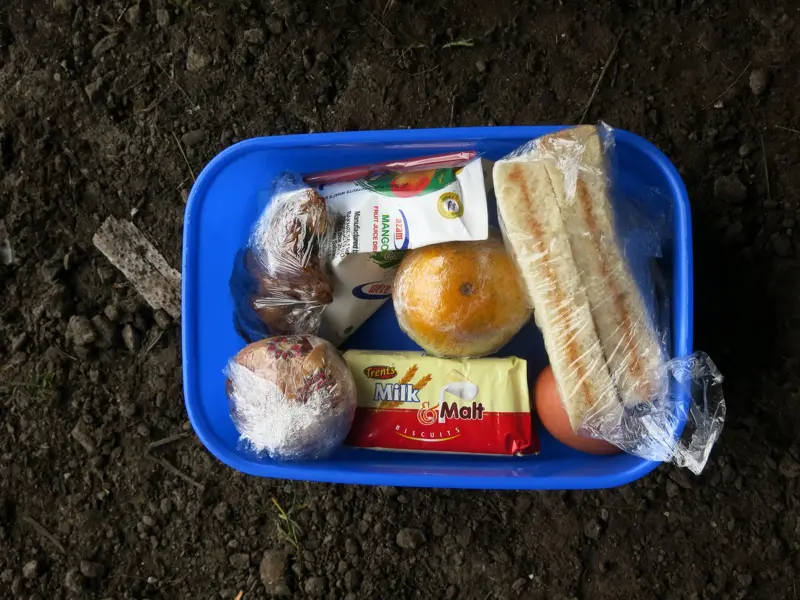 Ein typisches Lunchpaket für die Hauser-Trekkingreise am Kilimanjaro, gefüllt mit Sandwich, Obst und Gebäck in einer Box.