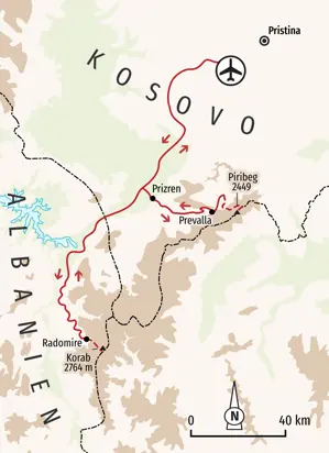 Reisekarte der Skitour im Kosovo und Albanien, die von Pristina nach Radomire zum Korab und über Prizren führt.