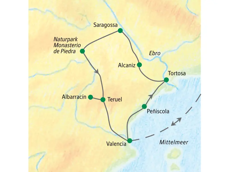 Karte der Studiosus-Studienreise in Spanien, die von Valencia über Tortosa, Saragossa, Teruel und Albarracín führt.