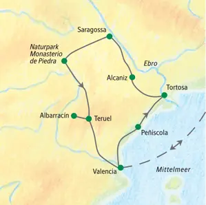 Karte der Studiosus-Studienreise in Spanien, die von Valencia über Tortosa, Saragossa, Teruel und Albarracín führt.