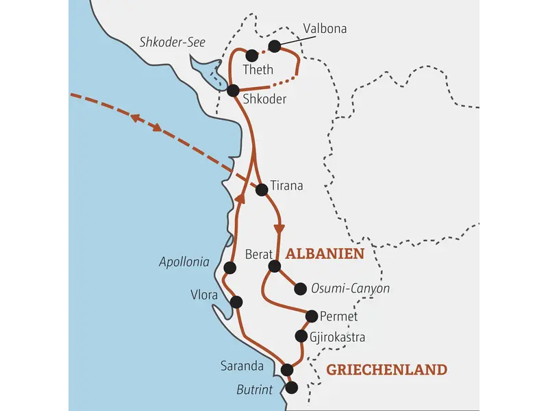 Karte der geführten Rundreise für junge Leute in Albanien. Route von Tirana über Berat, Saranda, Vlora und Shkoder nach Theth.