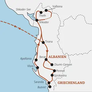 Karte der geführten Rundreise für junge Leute in Albanien. Route von Tirana über Berat, Saranda, Vlora und Shkoder nach Theth.