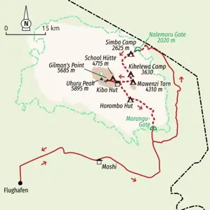 Karte der Kilimanjaro-Besteigung in Tansania: Trekkingroute von Nalemoru Gate über den Uhuru Peak zum Marangu Gate.