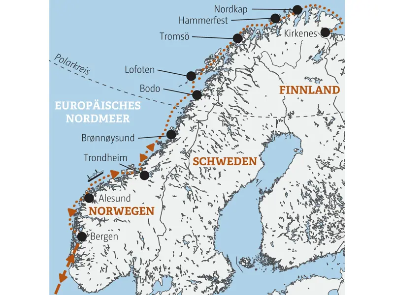 Karte der Hurtigruten Schiffsreise entlang Norwegens Küste. Die Route führt von Bergen über Trondheim und Tromsö zum Nordkap und Kirkenes und wieder zurück nach Bergen.