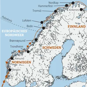 Karte der Hurtigruten Schiffsreise entlang Norwegens Küste. Die Route führt von Bergen über Trondheim und Tromsö zum Nordkap und Kirkenes und wieder zurück nach Bergen.