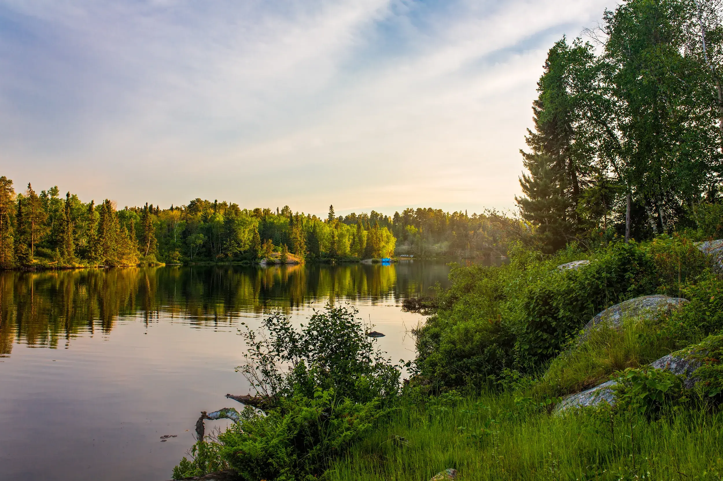 Abendstimmung auf einer Radreise in der Thousand-Islands-Region in Kanada, wo sich dichte Wälder im stillen See spiegeln.