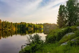 Abendstimmung auf einer Radreise in der Thousand-Islands-Region in Kanada, wo sich dichte Wälder im stillen See spiegeln.