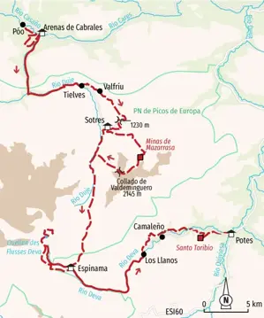 Routenverlauf der Wanderreise in den Picos de Europa von Arenas de Cabrales über Tielves, Sotres und Espinama nach Potes.