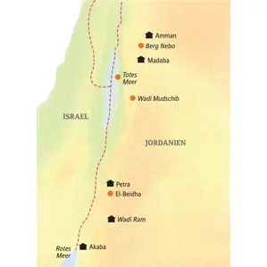 Reiseroute der Jordanien-Kleingruppenreise von Amman über Petra und das Wadi Ram nach Akaba und zum Toten Meer.