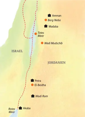 Reiseroute der Jordanien-Kleingruppenreise von Amman über Petra und das Wadi Ram nach Akaba und zum Toten Meer.
