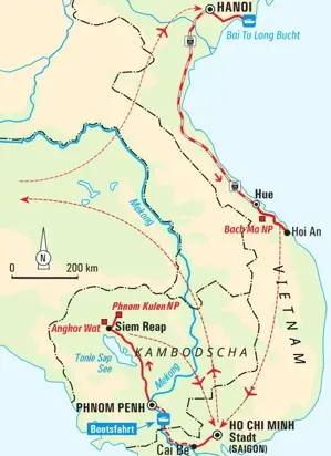 Karte der Hauser Wanderreise in Vietnam & Kambodscha von Hanoi über Hue und Saigon nach Siem Reap mit Angkor Wat.