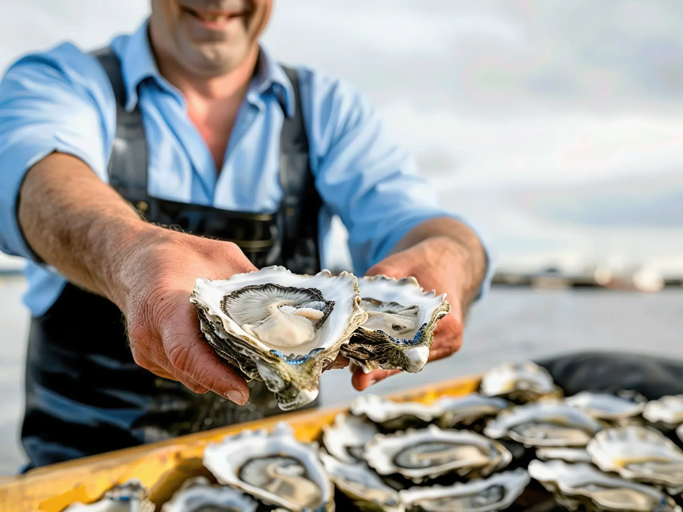 Ein lächelnder Austernzüchter in Cancale präsentiert stolz zwei frisch geöffnete Austern aus der Bretagne.