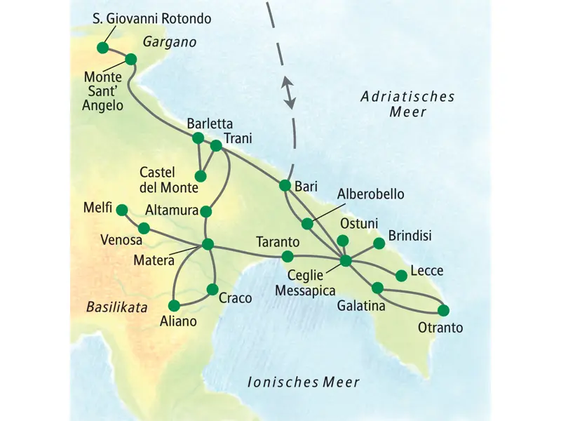 Landkarte zur Studienreise durch Apulien und Basilikata mit der Route von Bari über Lecce, Matera bis Castel del Monte.