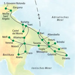 Landkarte zur Studienreise durch Apulien und Basilikata mit der Route von Bari über Lecce, Matera bis Castel del Monte.