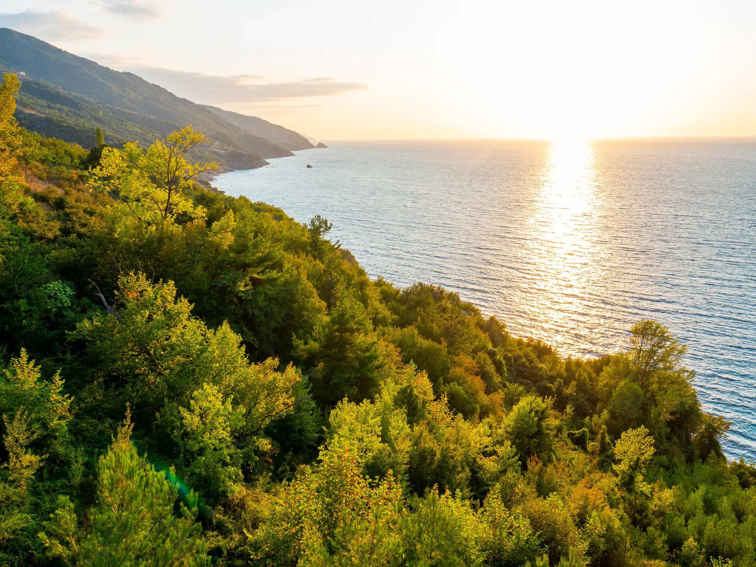 Dicht bewaldete Hügel an der Küste der Ägäis in der Westtürkei, die von der untergehenden Sonne beleuchtet werden.