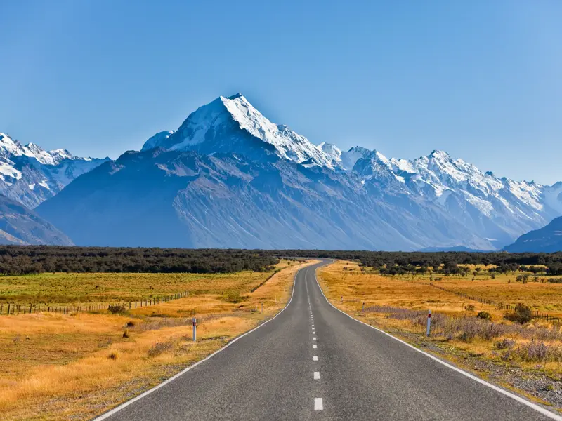 Eine leere Asphaltstraße führt durch goldenes Grasland auf den majestätischen, schneebedeckten Aoraki / Mount Cook zu.
