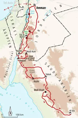 Reiseverlauf der Wanderreise durch Jordanien und Saudi-Arabien von Amman über Petra, Wadi Rum und Al Ula ans Rote Meer.