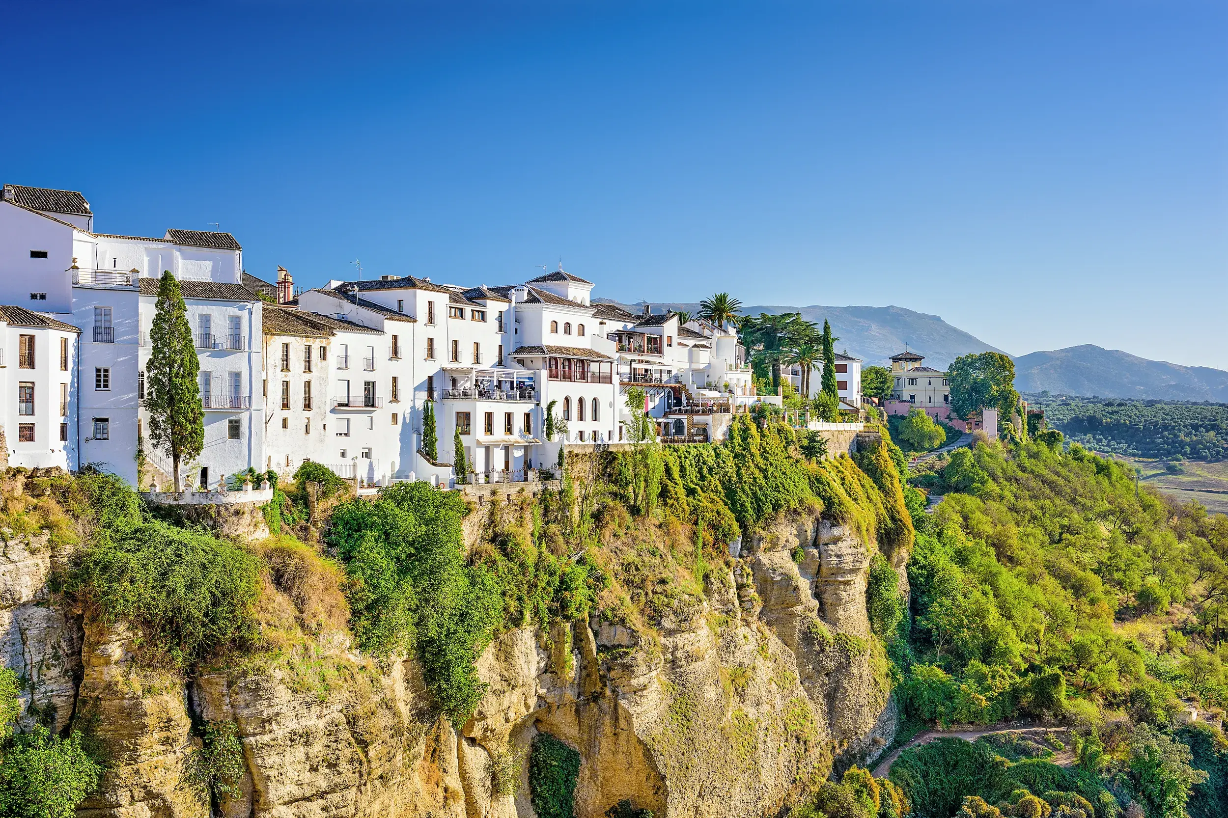 Spektakuläre Aussicht auf die weißen Häuser von Ronda, die auf einem von Grün bewachsenen Felsplateau in Andalusien thronen.