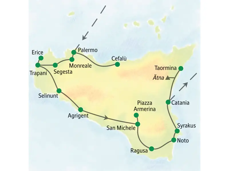 Routenverlauf der geführten Studienreise auf Sizilien: von Palermo über Trapani, Agrigent und Syrakus nach Taormina.