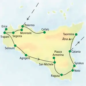 Routenverlauf der geführten Studienreise auf Sizilien: von Palermo über Trapani, Agrigent und Syrakus nach Taormina.