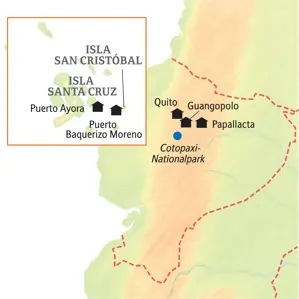 Karte der Kleingruppenreise in Ecuador & Galápagos von Quito, Cotopaxi und Papallacta zu den Inseln San Cristóbal & Santa Cruz.