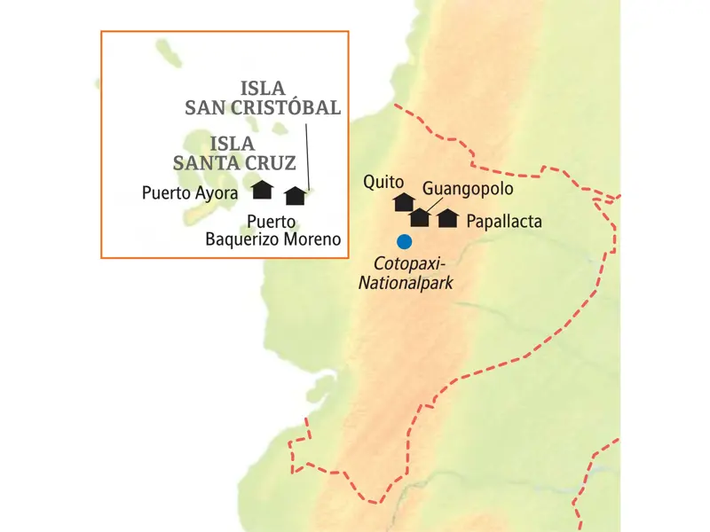 Karte der Kleingruppenreise in Ecuador & Galápagos von Quito, Cotopaxi und Papallacta zu den Inseln San Cristóbal & Santa Cruz.