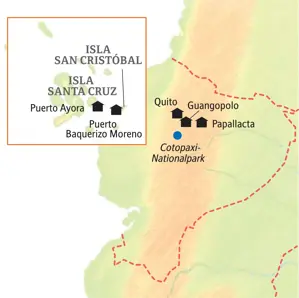 Karte der Kleingruppenreise in Ecuador & Galápagos von Quito, Cotopaxi und Papallacta zu den Inseln San Cristóbal & Santa Cruz.