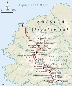 Karte der Hauser Trekkingreise auf Korsikas GR20. Die Route führt von Vizzavona über Petra Piana und Haut Asco nach Calvi.