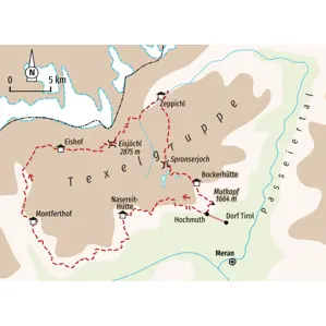 Karte der Hauser Trekkingreise in der Texelgruppe, Südtirol. Route von Dorf Tirol über Eishof, Eisjöchl und Spronserjoch.