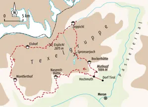 Karte der Hauser Trekkingreise in der Texelgruppe, Südtirol. Route von Dorf Tirol über Eishof, Eisjöchl und Spronserjoch.