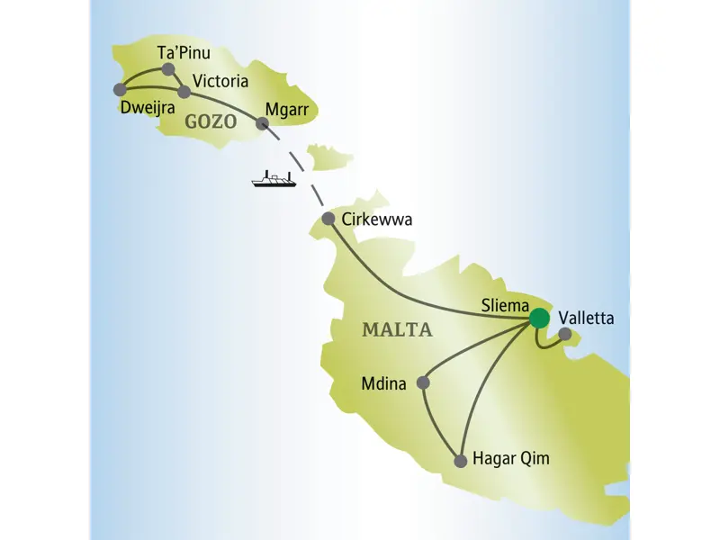 Reiseverlauf unserer Singlereise auf Malta: Die Route führt von Sliema nach Valletta, Mdina und mit der Fähre nach Gozo.