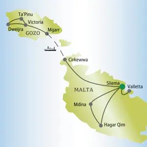 Reiseverlauf unserer Singlereise auf Malta: Die Route führt von Sliema nach Valletta, Mdina und mit der Fähre nach Gozo.