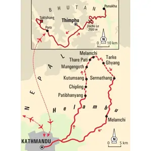 Karte der Trekkingreise in Nepal und Bhutan: Route des Helambu-Treks und Flug von Kathmandu nach Paro, Thimphu und Punakha.
