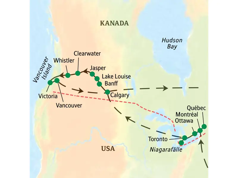 Karte der Studienreise durch Kanada: Von Montréal über die Rocky Mountains mit Banff und Jasper nach Vancouver.