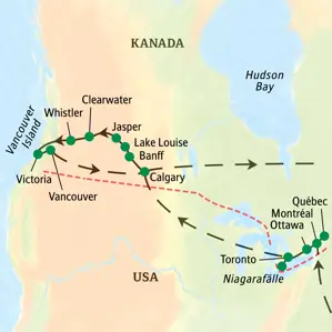 Karte der Studienreise durch Kanada: Von Montréal über die Rocky Mountains mit Banff und Jasper nach Vancouver.